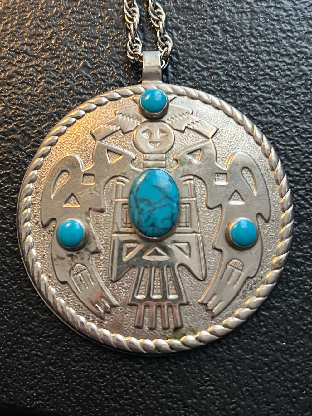 Vintage Signed Bell Nickel Silver Faux Turquoise Pendant Chain Necklace